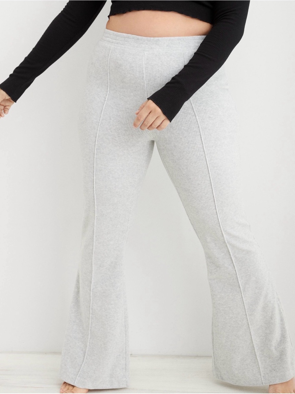 Aerie Light Gray Groove-On Ribbed Flare Pants